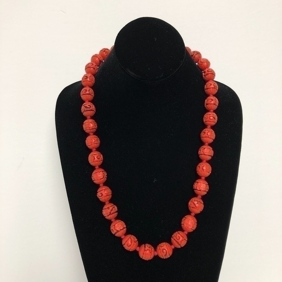 Vintage Cinnabar Chinese Necklace - Picture 2 of 6